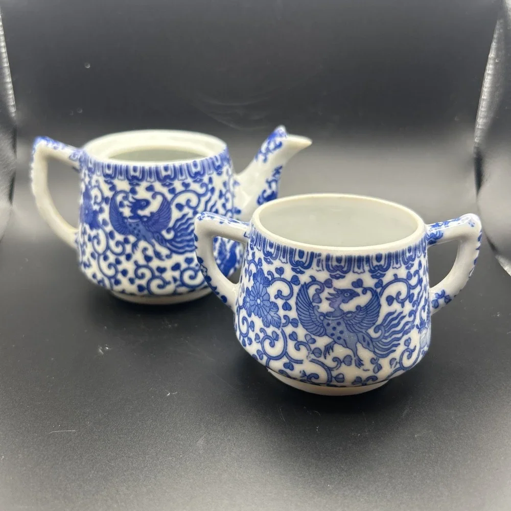 VTG Morimura Brothers Blue Phoenix Tea Pot and Sugar Set Blue White Floral JAPAN